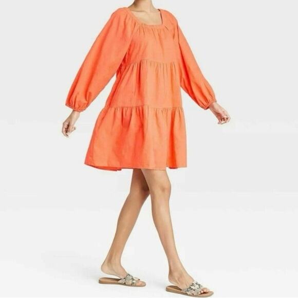Universal Thread Mini Dress Womens XS Orange 100% Cotton Cottagecore Long Sleeve - Picture 1 of 7
